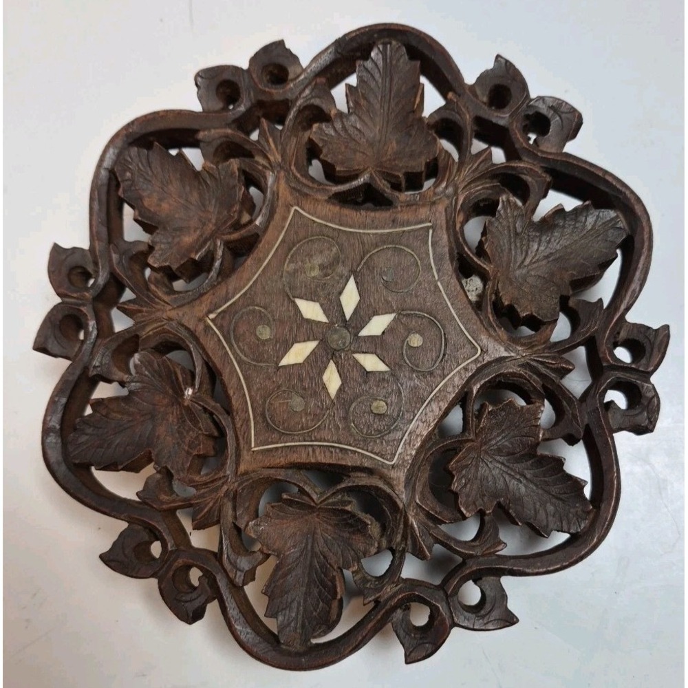 Hand Carved Wood Flower Inlay Footed 6" Trivet Made in India